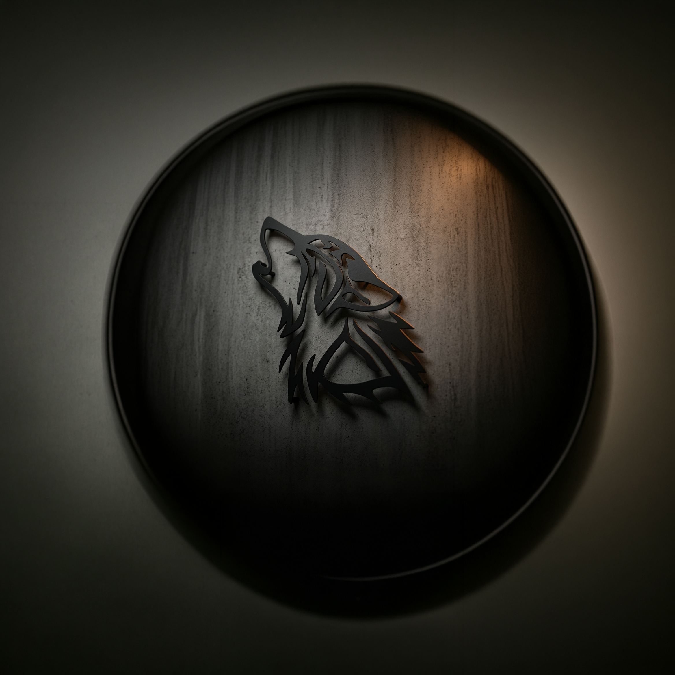 CNC-cut steel wolf sign mounted on concrete wall